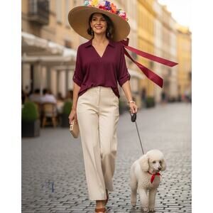 Vivilli Burgundy Short Sleeve V Neck Polo Top Blouse Business Casual Medium M